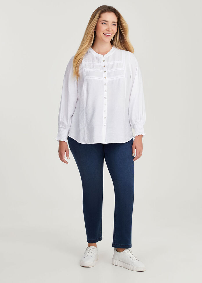 Andrea Shirred Cuff Button Top, , hi-res