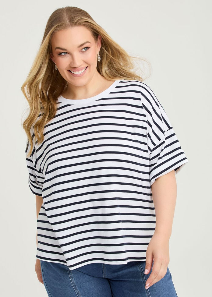 Cotton Two Tone Stripe T-shirt, , hi-res