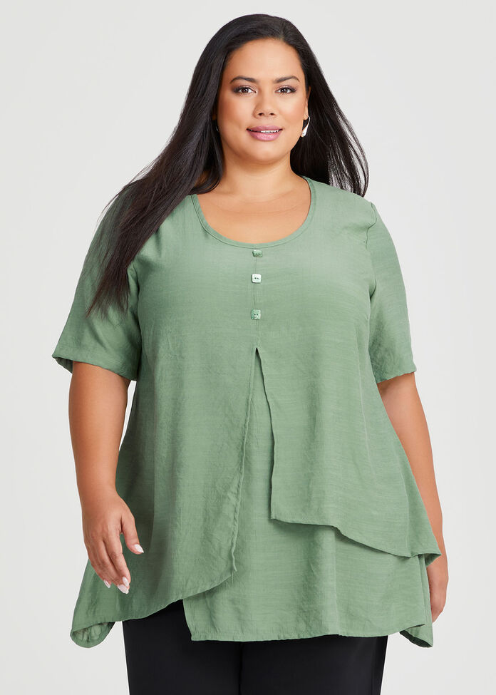 Crinkle Button Short Sleeve Top, , hi-res