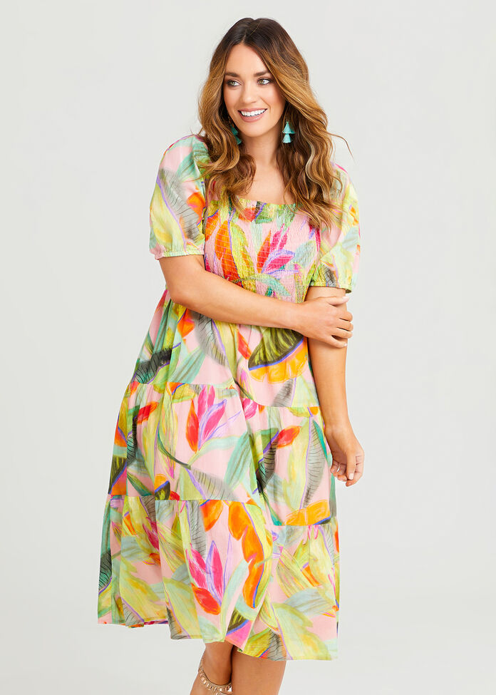 Shop Plus Size Cotton Shirred Tropical Dress in Multi | Taking Shape AU