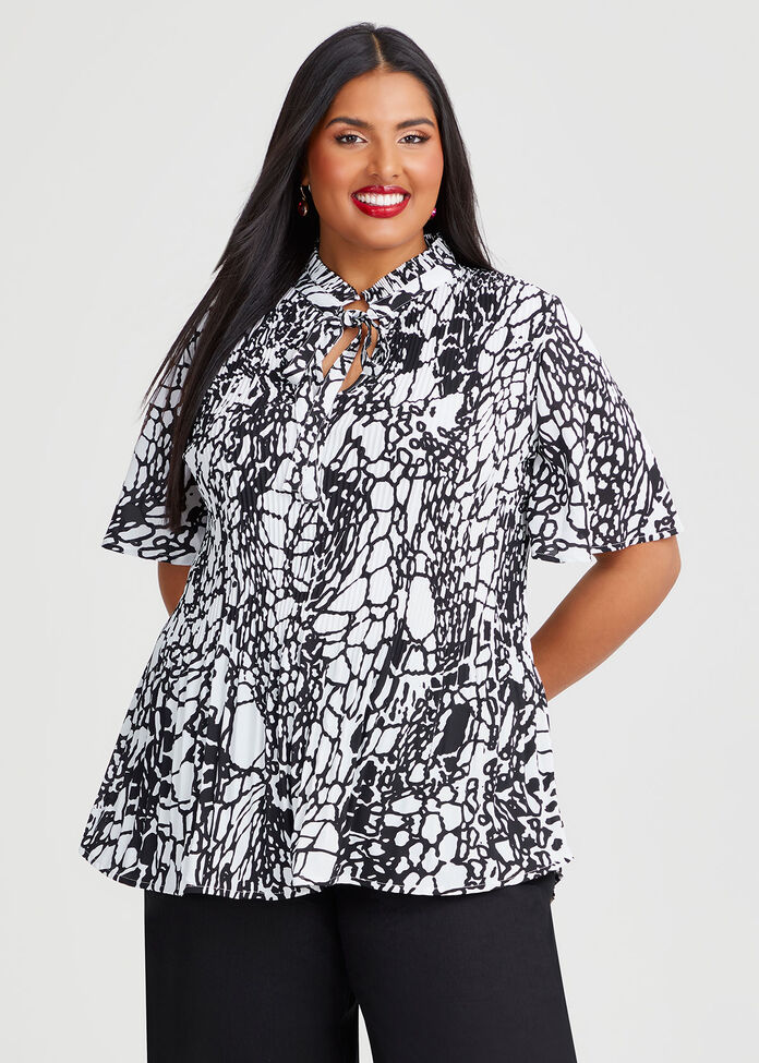 Plisse Tie Neck Top, , hi-res