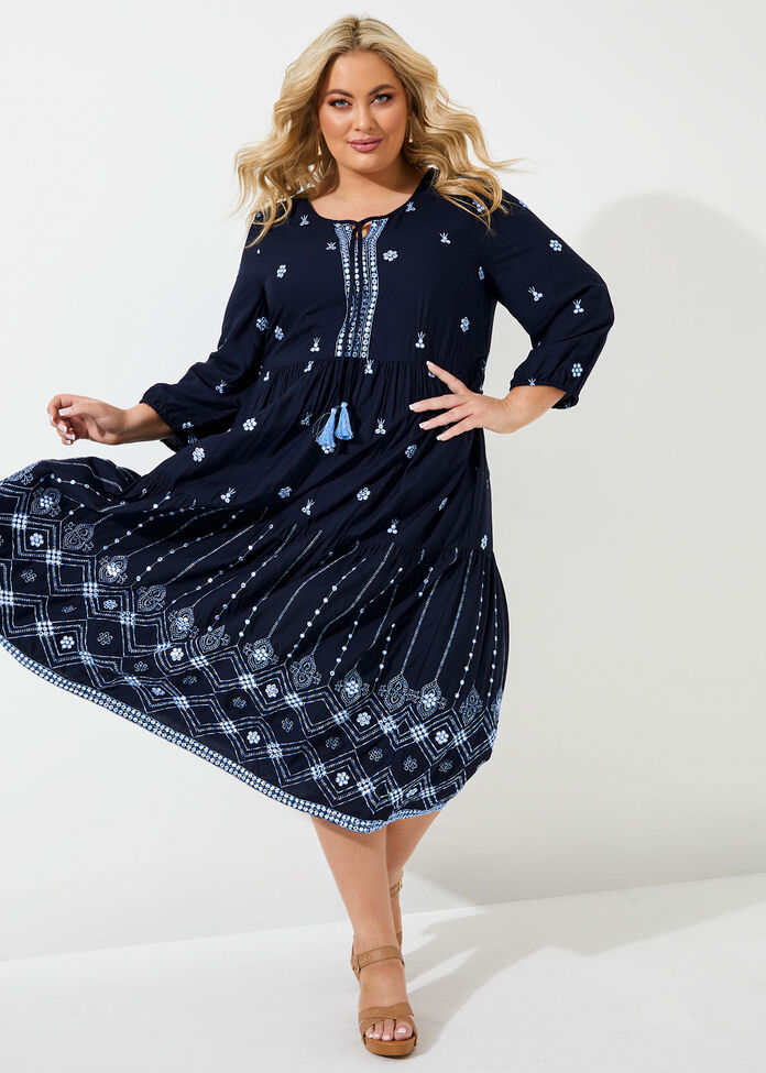 Shop Plus Size Jolie Embroidered Natural Dress in Blue | Sizes 12-30 ...