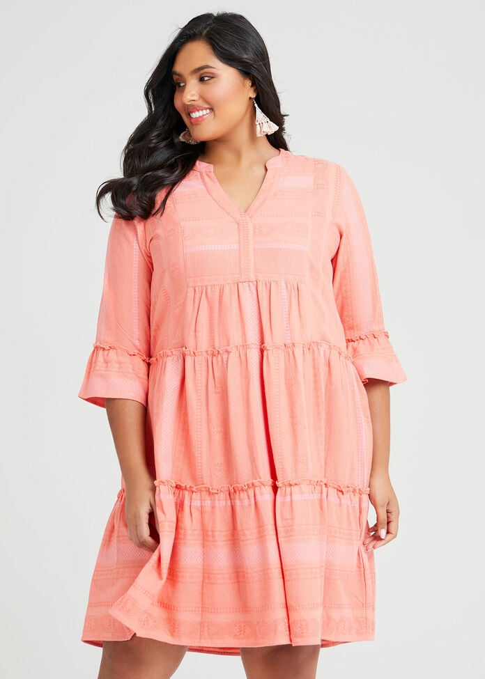 Shop Plus Size Cotton Jacquard Tiered Dress, Orange Taking Shape UK