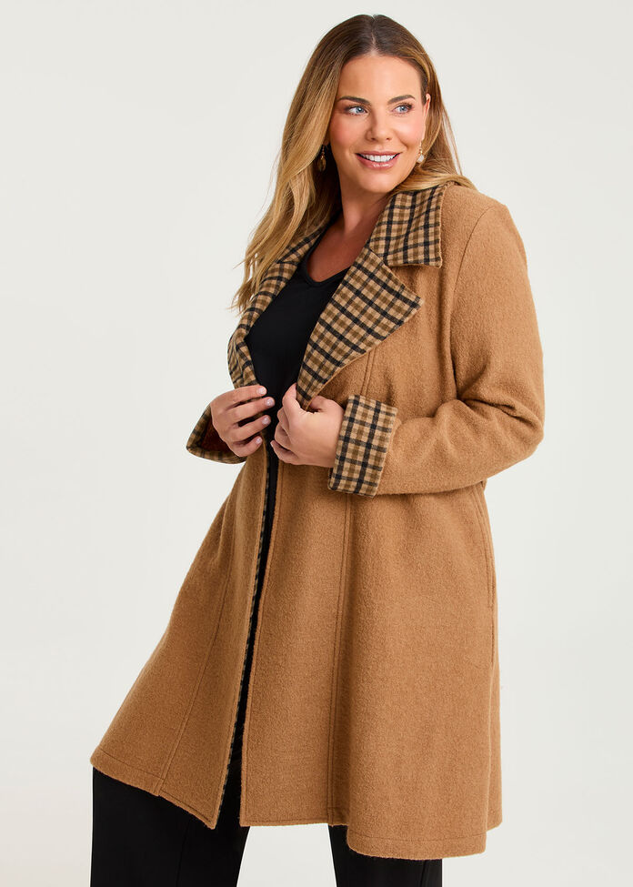 Madison Check Trim Boiled Wool Coat, , hi-res