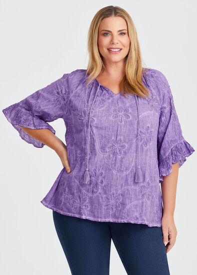 Plus Size Cotton Pigment Embroidered Top