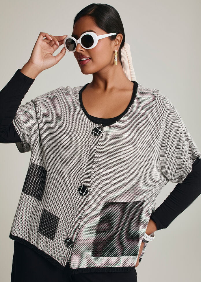 Square Cotton Modal Knit Cardigan, BLACK/BEIGE, hi-res