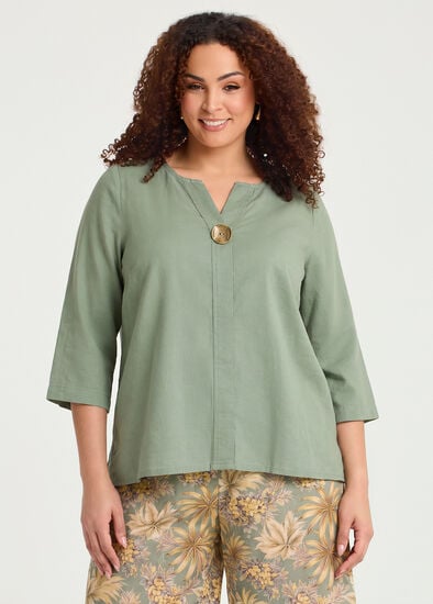 Plus Size Cotton Linen Button Detail Top