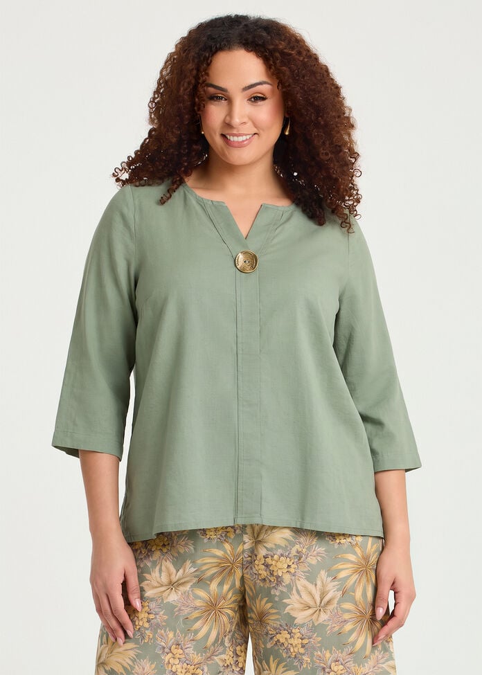 Cotton Linen Button Detail Top, , hi-res