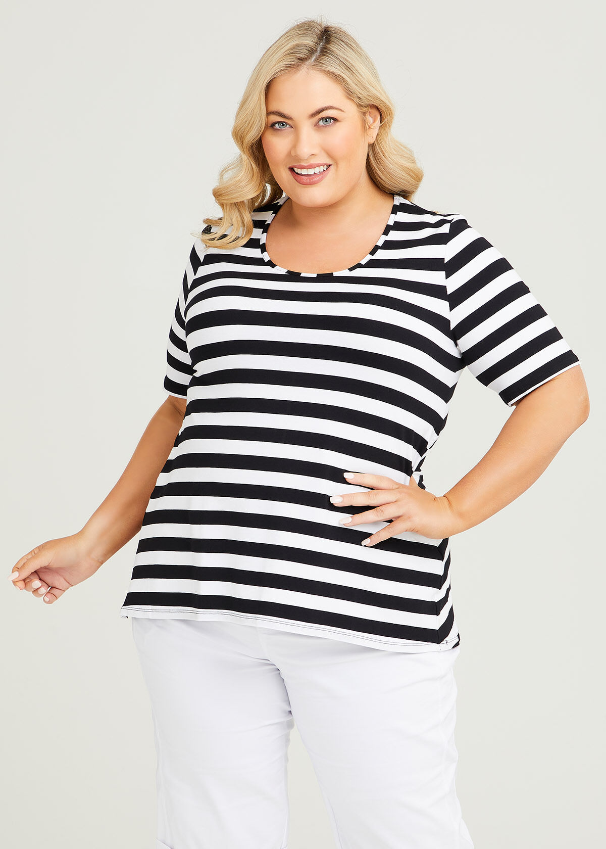 Plus size black and white striped top discount