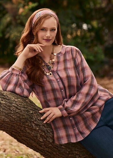 Plus Size Natural Check Button Top