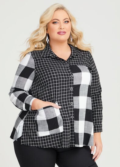 Plus Size Spliced Check Natural Shirt