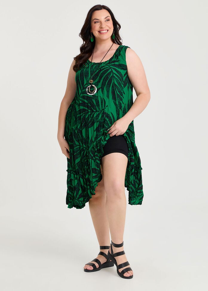 Palm Print Plisse Tunic Dress, JEWEL GREEN PRINT, hi-res