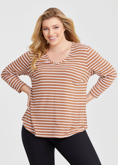 Plus Size Natural Stripe 3/4 Sleeve T-shirt