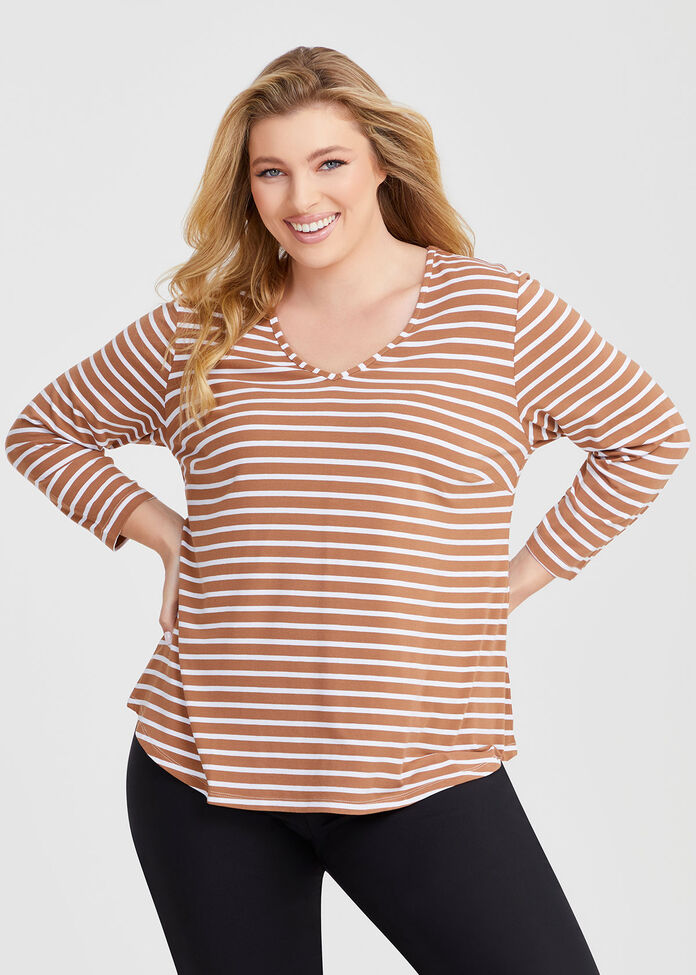 Natural Stripe 3/4 Sleeve T-shirt, , hi-res