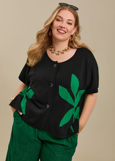 Plus Size Leaf Jacquard Cotton Cardigan