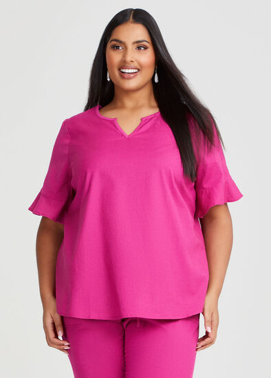 Plus Size Cotton Linen Flutter Sleeve Top