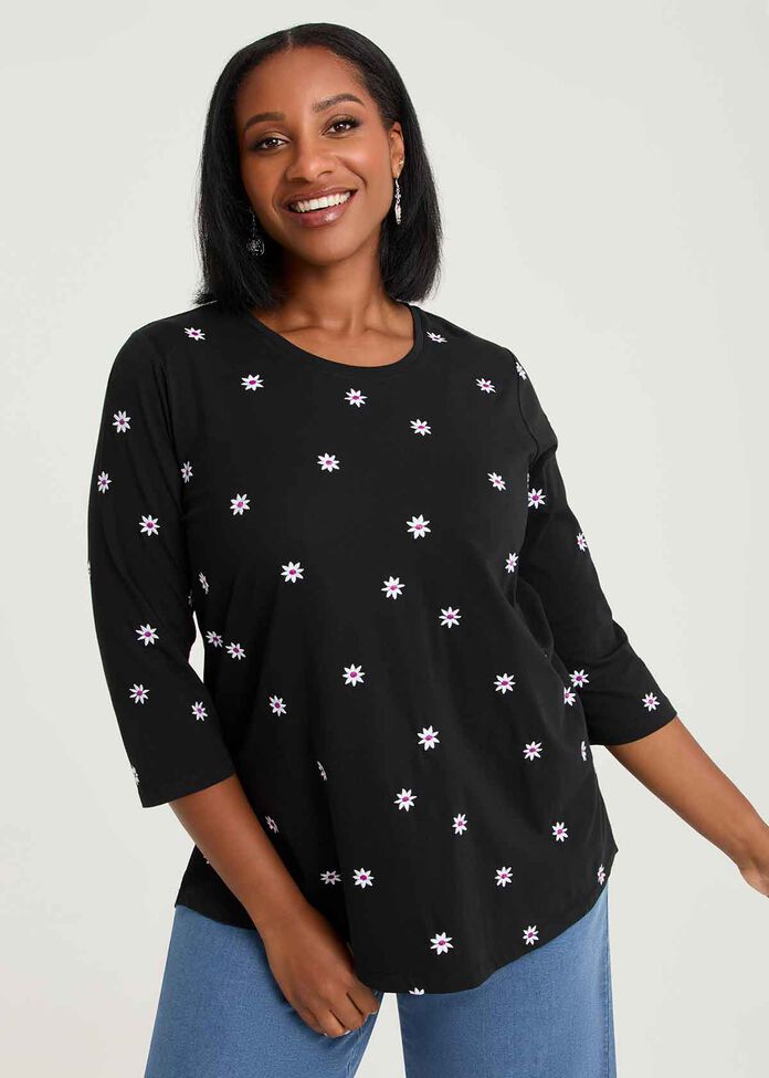 Cotton Embroidery Daisy T-shirt, , hi-res