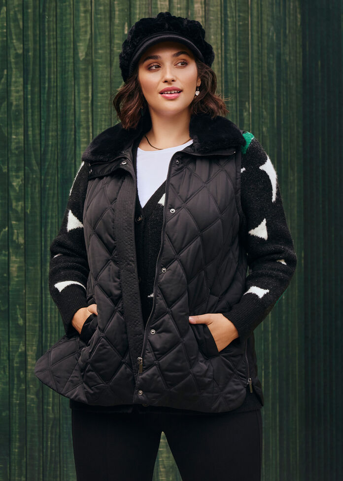 Fur Collar Quilted Vest, , hi-res