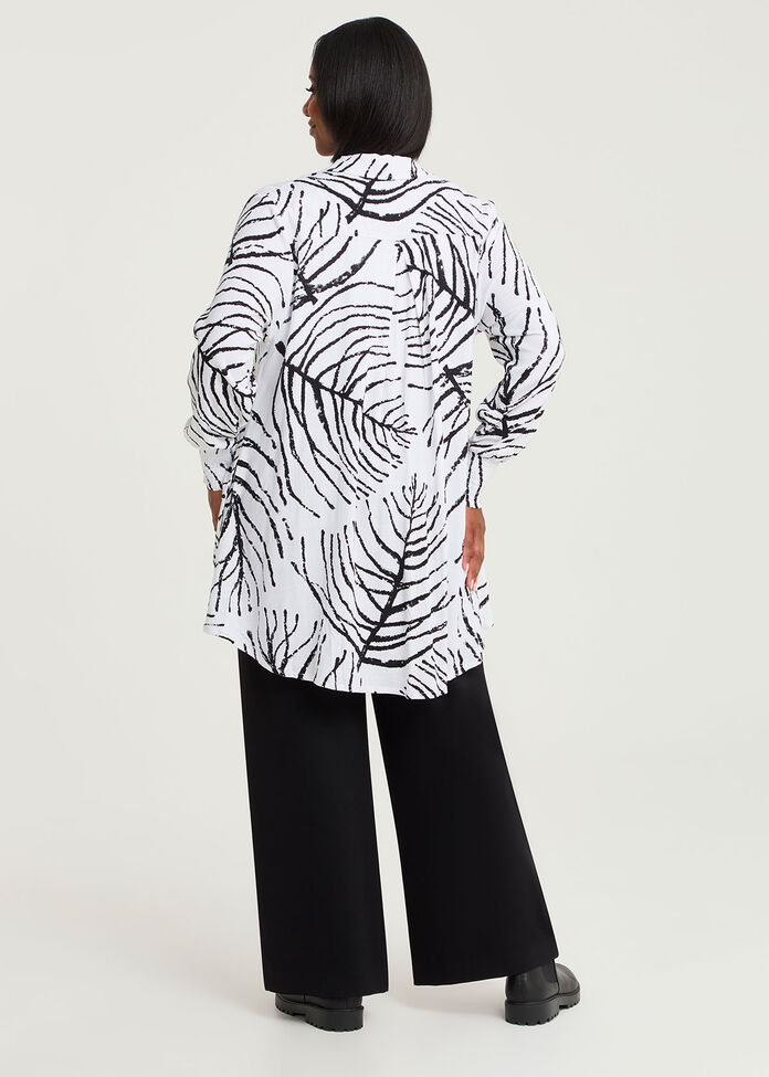 Leaf Print Natural Shirt, WHITE BLACK PRINT, hi-res