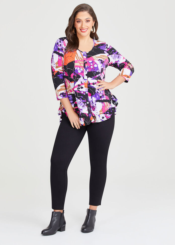 Button Front Ruffle Hem Top, , hi-res
