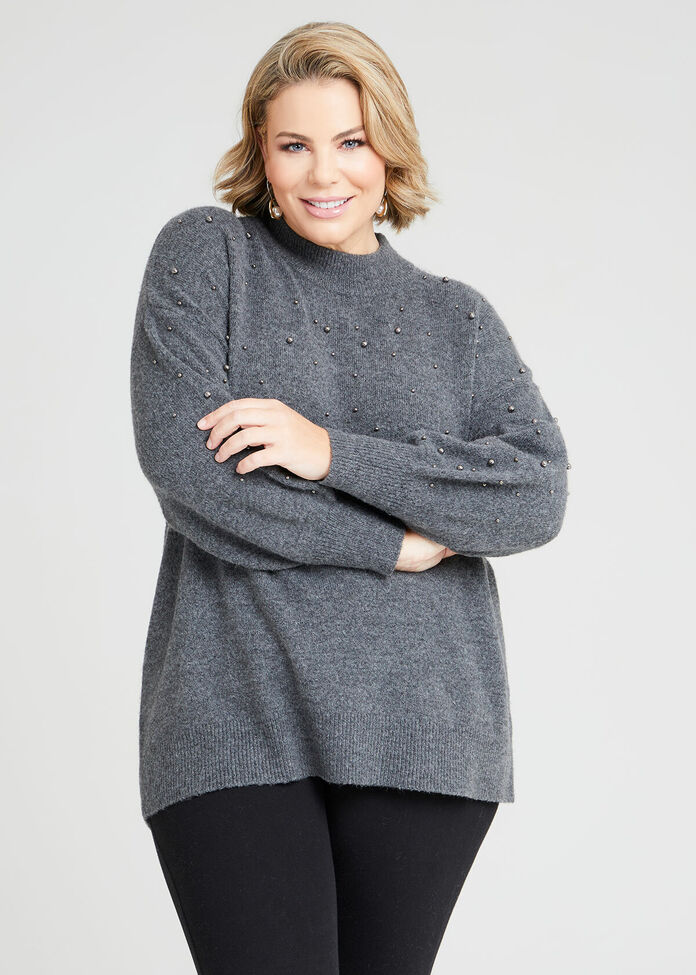 Crew Neck Pearls Knit Jumper, , hi-res