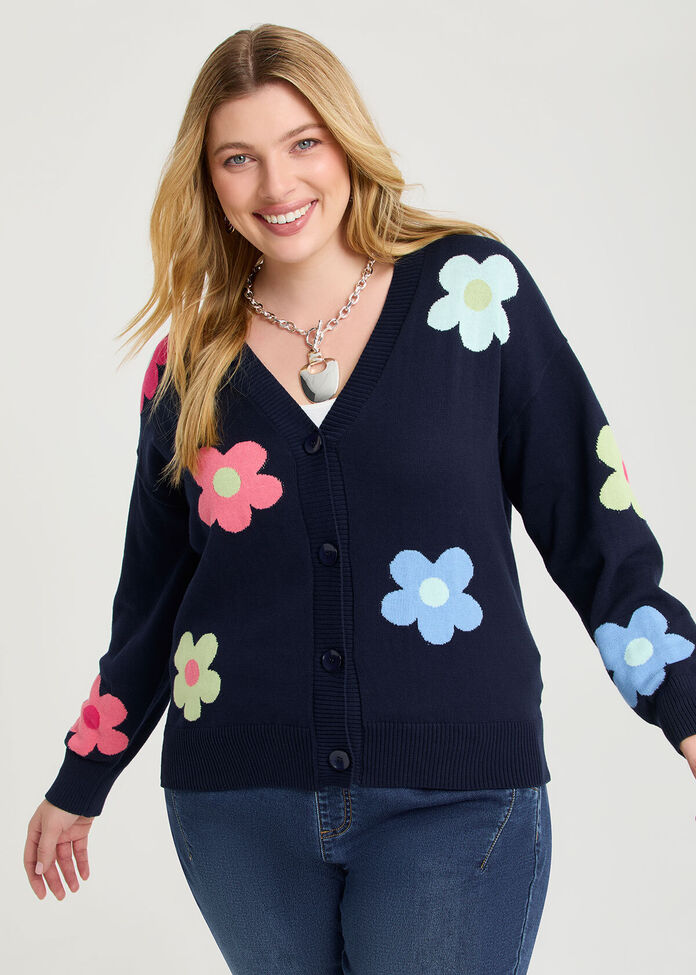 Flower V-neck Crop Cardigan, , hi-res