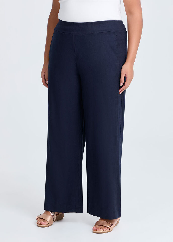 Shop Plus Size Stretch Linen Bea Wide Leg Pant, Navy Taking Shape AU