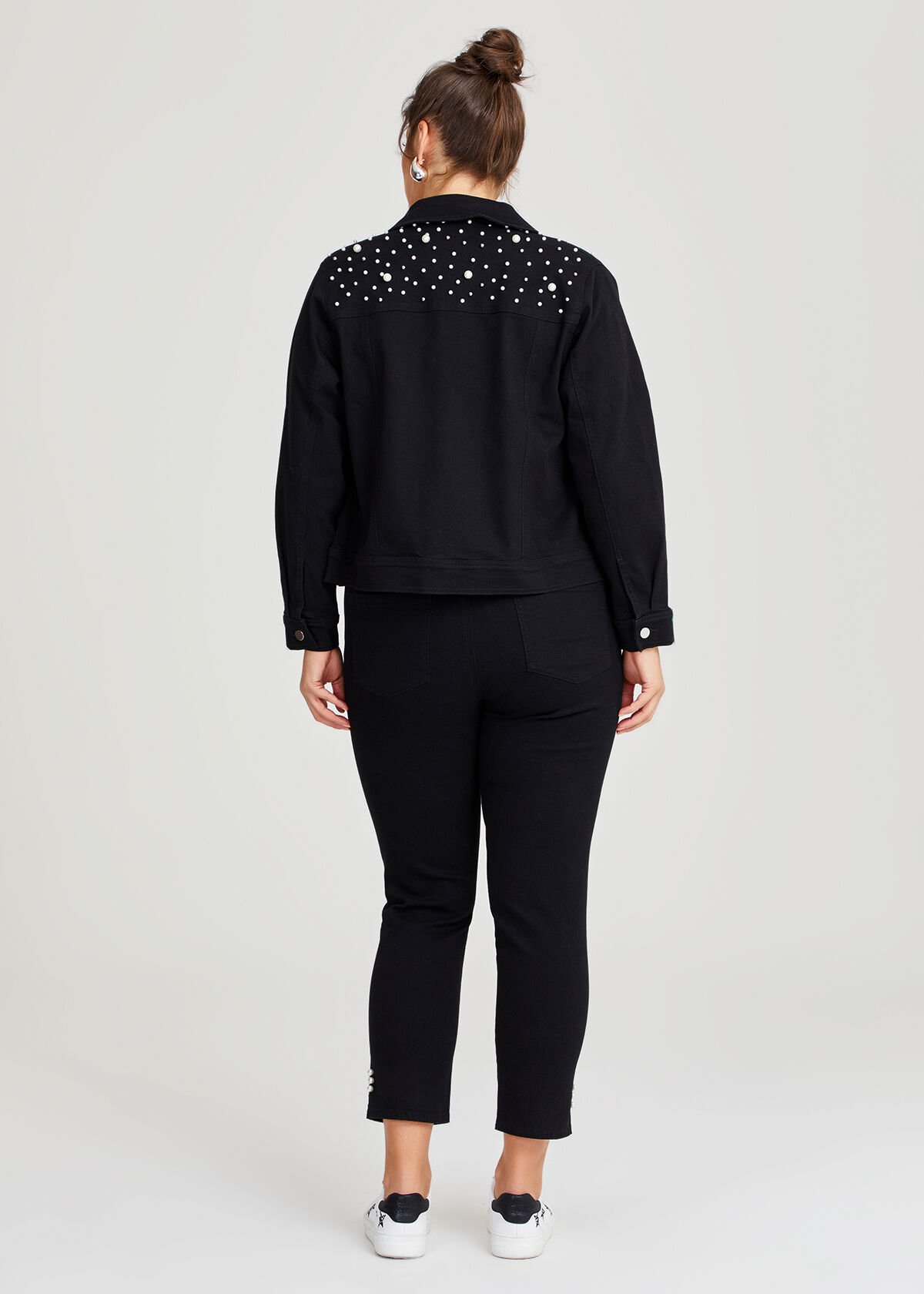 Plus size denim jacket with pearls sales