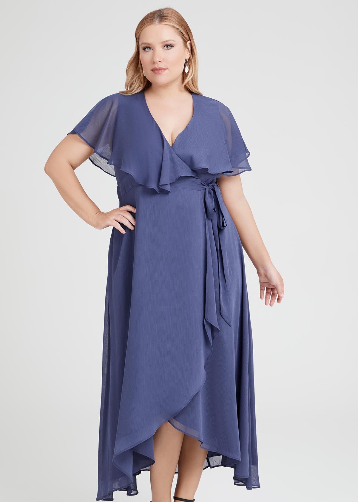 Shop Plus Size Livia Chiffon Wrap Maxi Dress in Purple Taking Shape UK