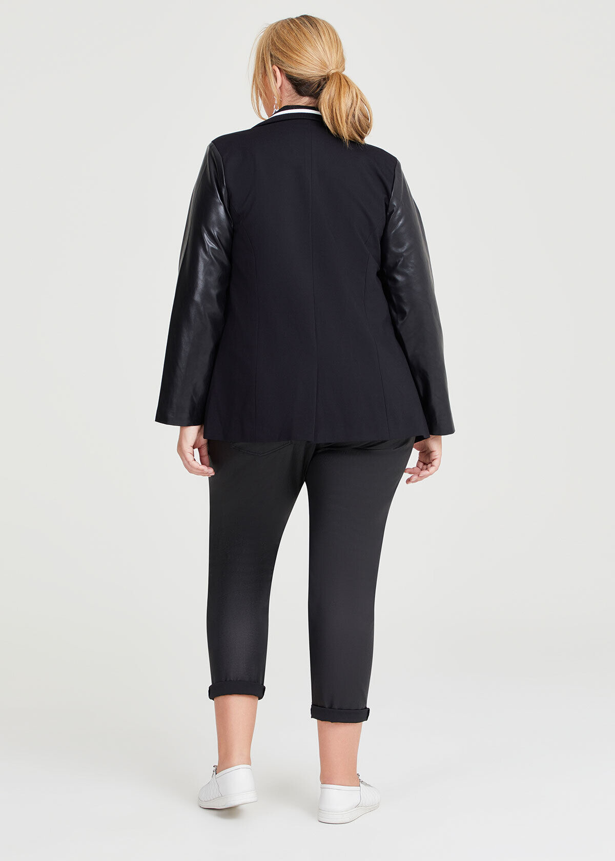 Shop Plus Size Varsity Ponte Faux Leather Sleeve Blazer in Black Taking Shape AU