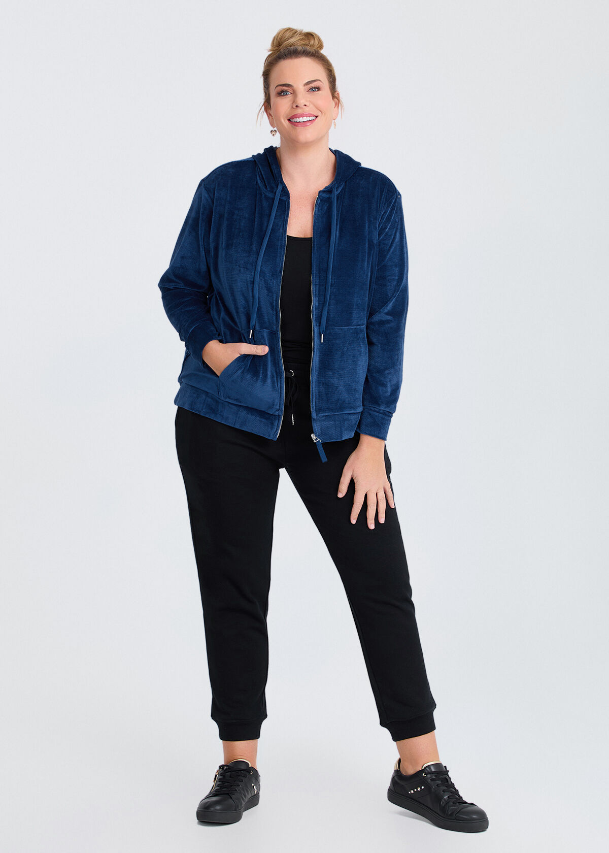 Shop Plus Size Velour Hooded Zip Through Jacket, Blue | Taking