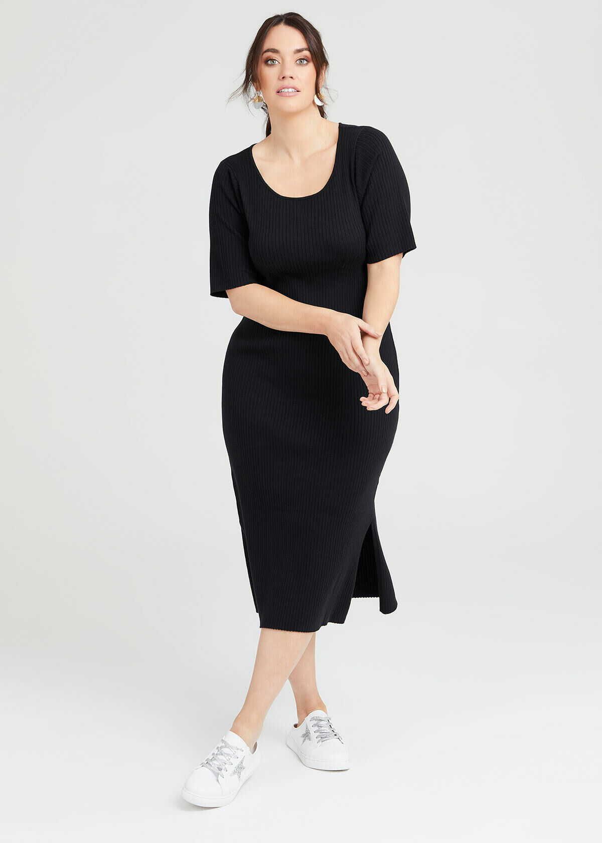 Shop Plus Size Rib Knit Short Sleeve Dress in Black Taking Shape AU