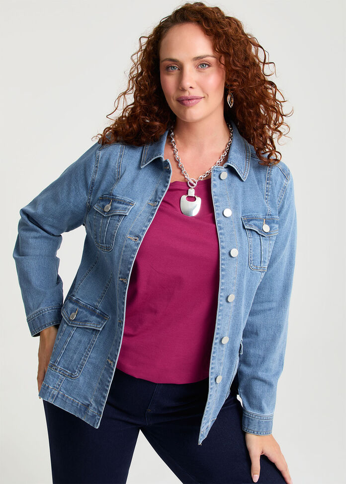 Cotton Blend Casual Denim Jacket, , hi-res