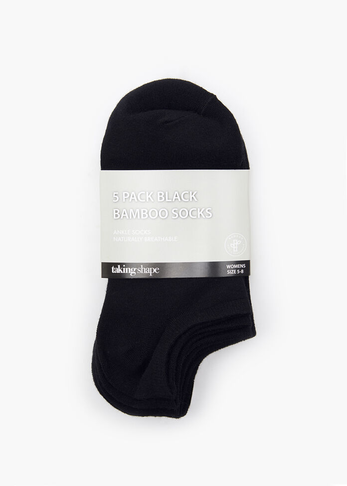 5 Pack Black Bamboo Ankle Socks, , hi-res