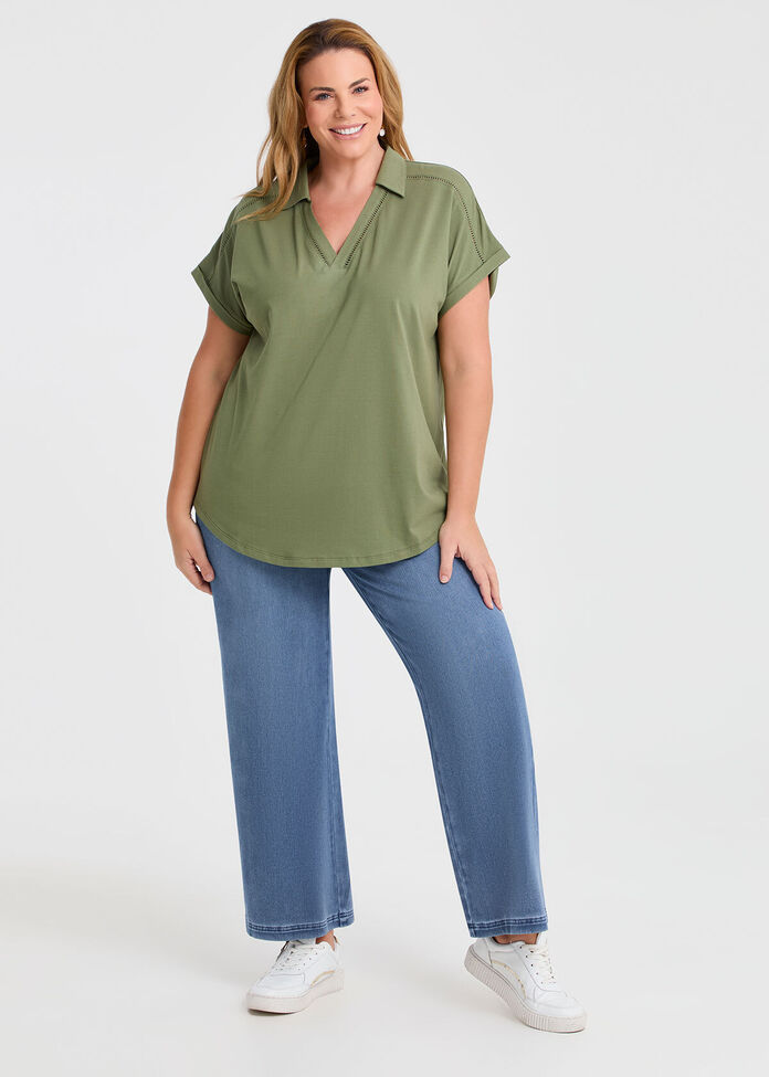 Cotton Collared Ladder Trim Top, , hi-res