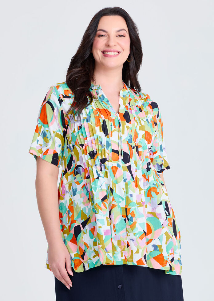 Zoe Zip Neck Pintuck Natural Top, , hi-res
