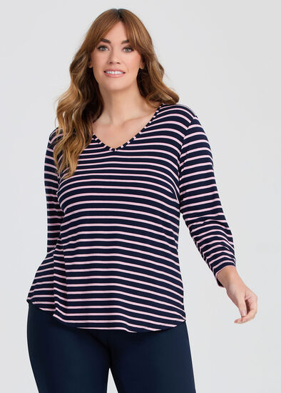 Plus Size Natural Stripe 3/4 Sleeve T-shirt