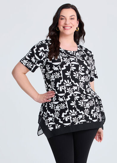Plus Size Bamboo Flower Print Chiffon Top