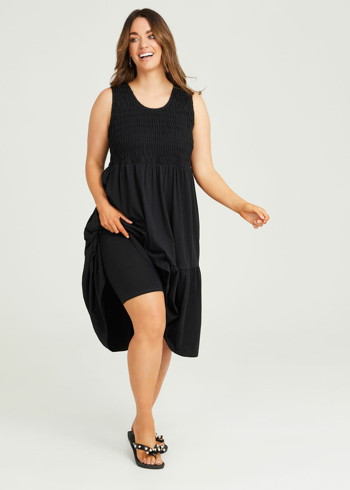 Shop Plus Size Cotton Shirred Tank Dress in Black Sizes 12 30