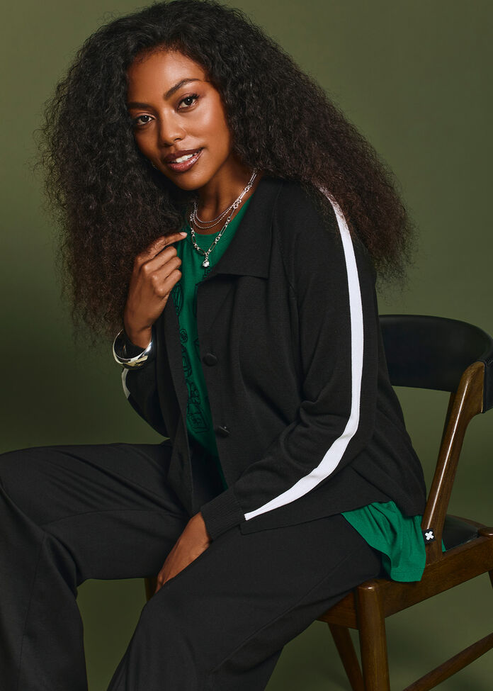Stripe Trim Button Front Cardigan, BLACK, hi-res