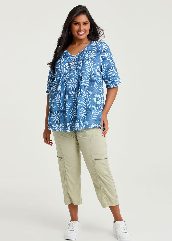 Cotton Elbow Sleeve Pintuck Top, , hi-res