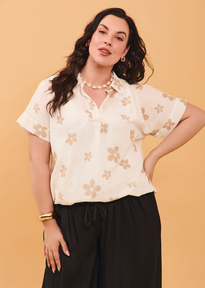 Cotton Foil Flower Print Top, , hi-res
