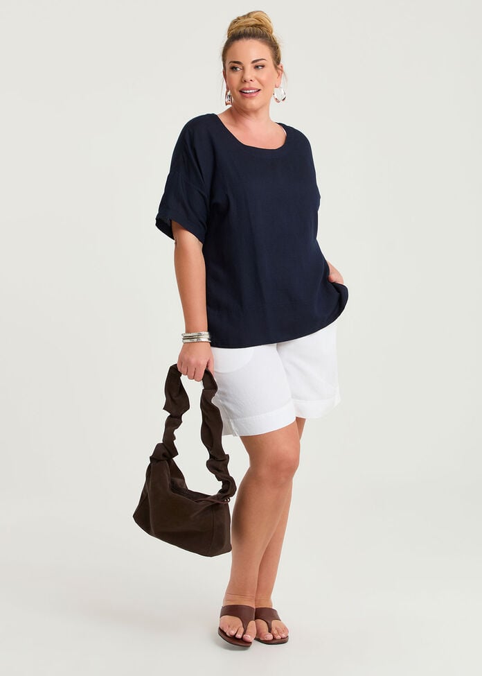 Linen Blend Curved Hem Top, , hi-res