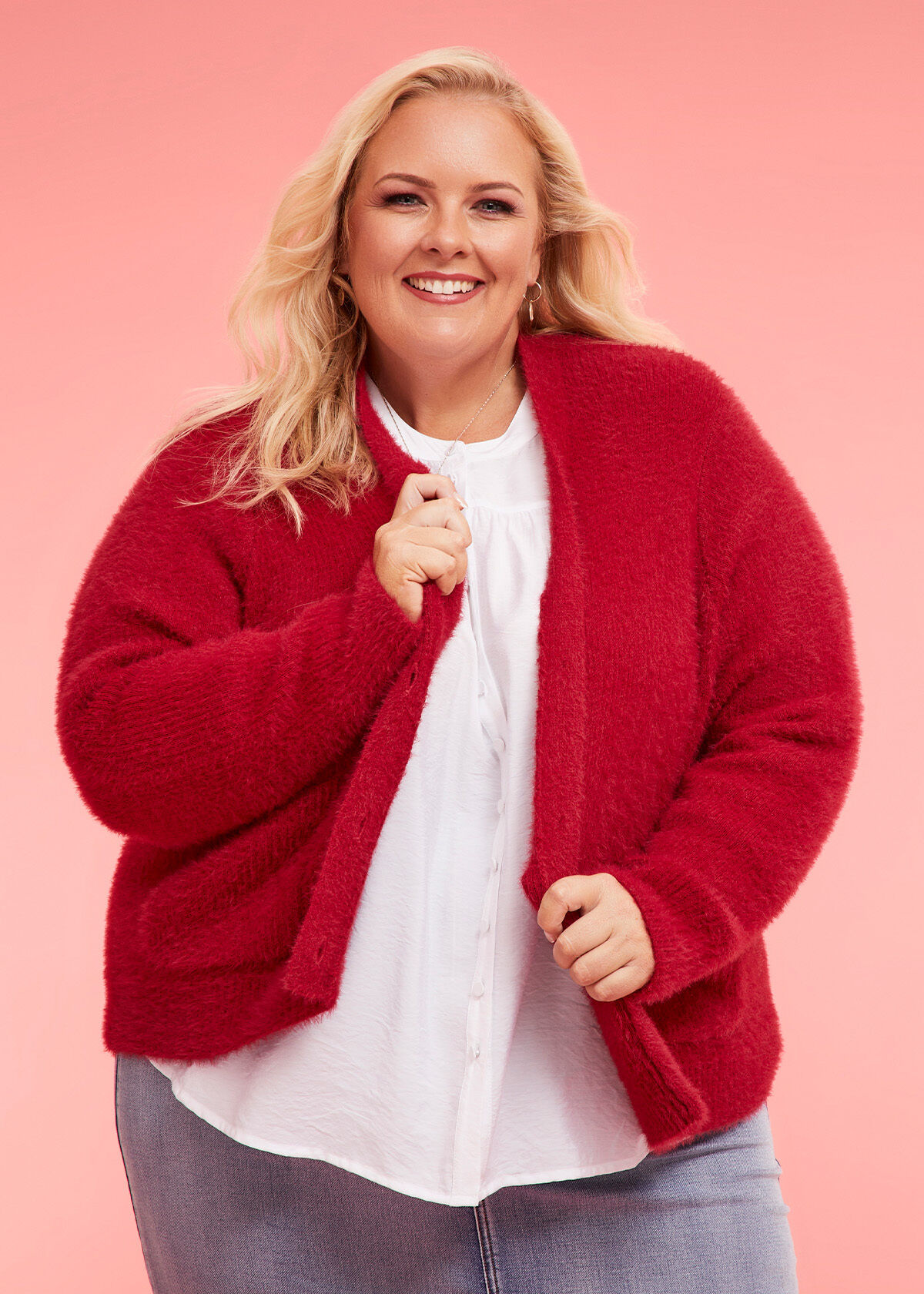 Shop Plus Size Fluffy Knit Short Cardigan in Red Sizes 12 30 Taking Shape CY