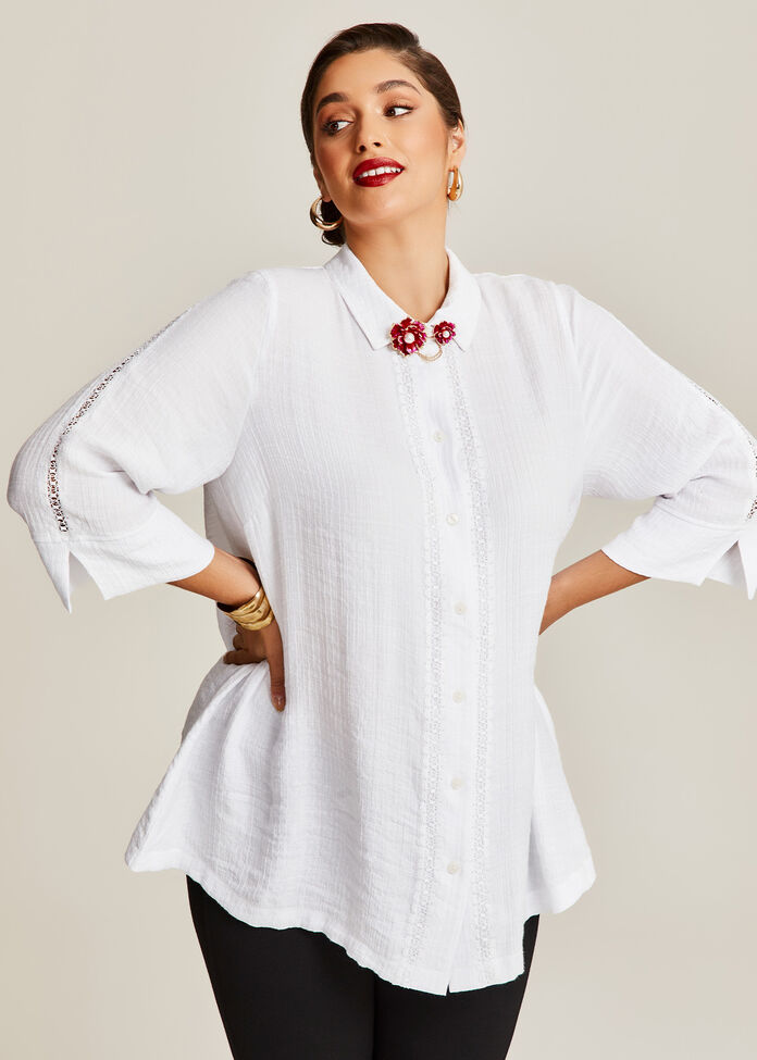 Lace Trim Crinkle Crush Shirt, , hi-res
