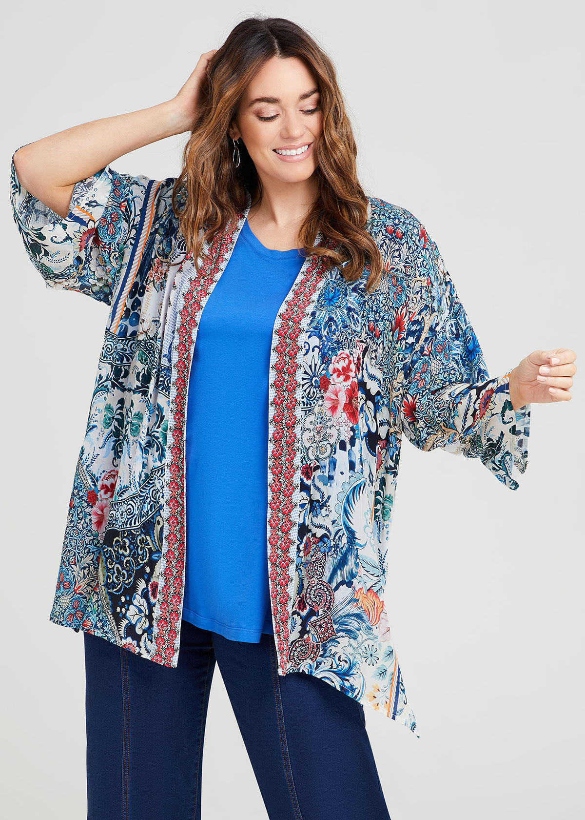 Shop Plus Size Natural Tiled Mid Length Kimono in Multi Taking Shape AU