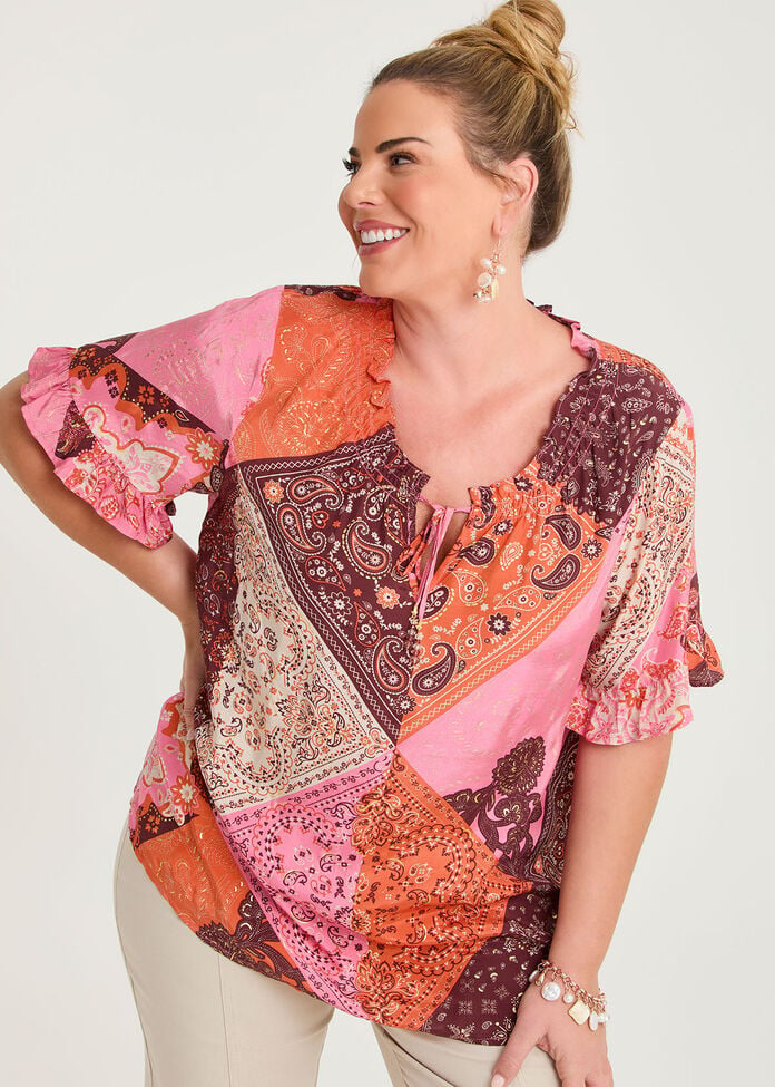 Patchwork Boho Natural Top, , hi-res