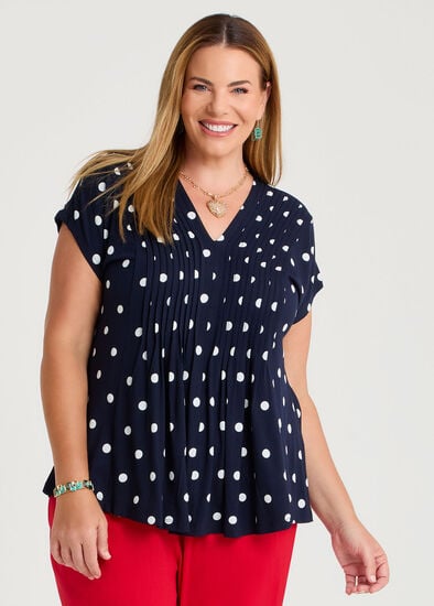 Plus Size Polka Dot Pintuck Natural Top