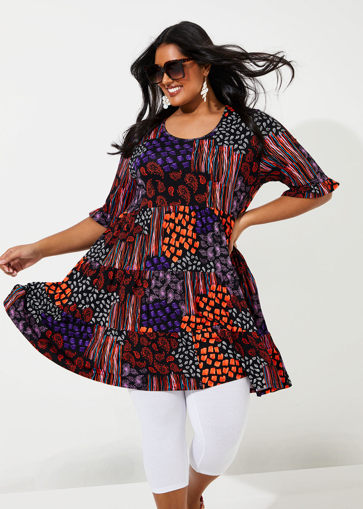 Shop Plus Size Natural Baroque Tier Tunic in Multi Taking Shape UK
