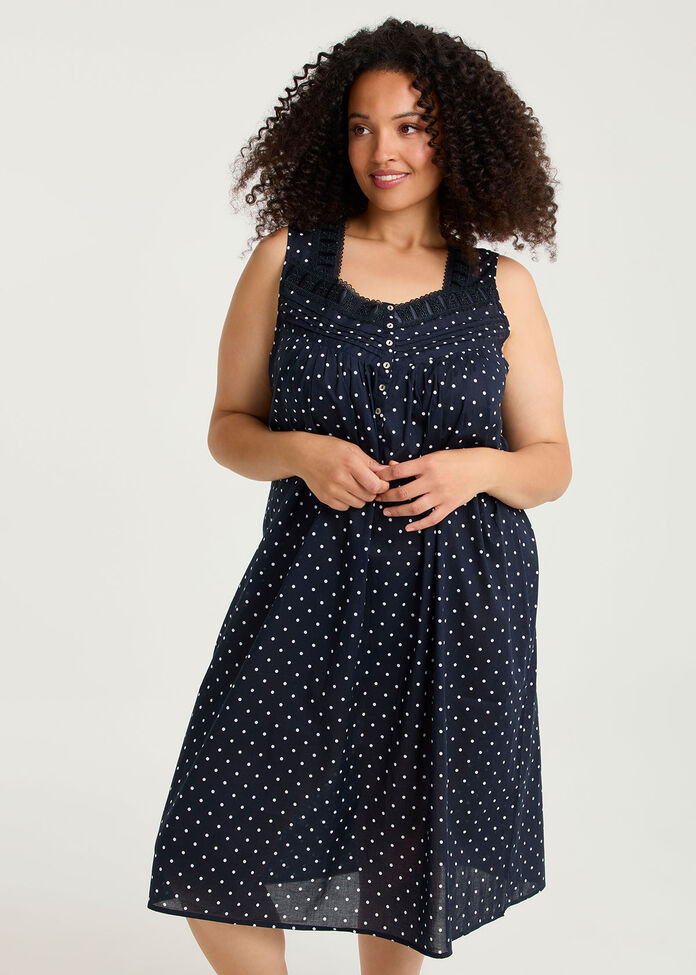 Cotton Spot Lace Trim Nightie, , hi-res